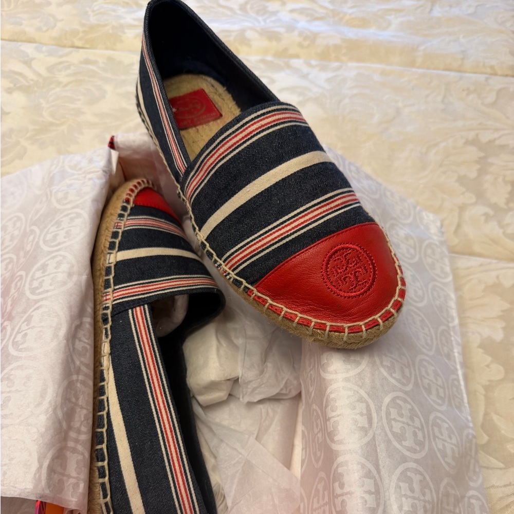 Tory Burch Striped Espadrilles - Red and Navy, size 9